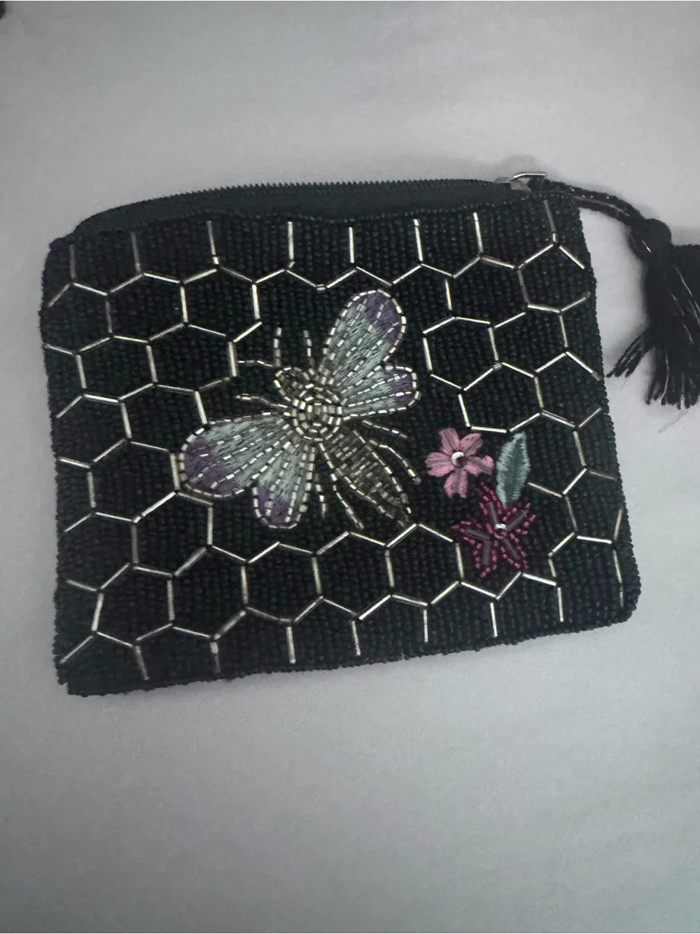Black Beaded Butterfly Cosmetic Pouch with Floral Accent and Tassel